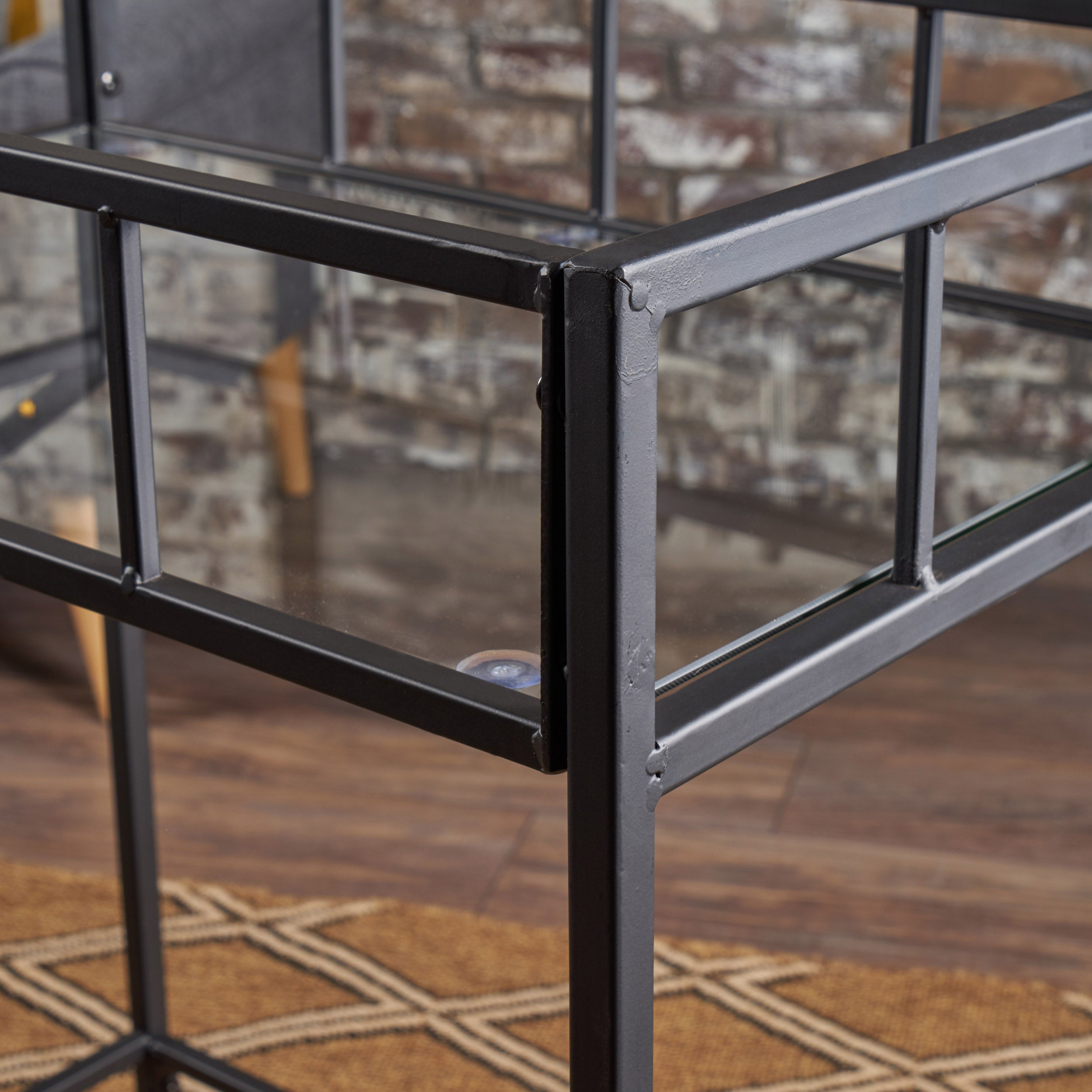 Talon Indoor Industrial Modern Black Iron Bar Cart with Tempered Glass Top