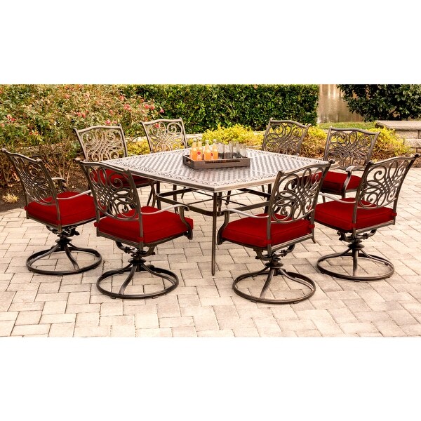 Cambridge Seasons 9Piece Dining Set in Red with Eight Swivel Rockers and a Large 60In. Casttop Square Table