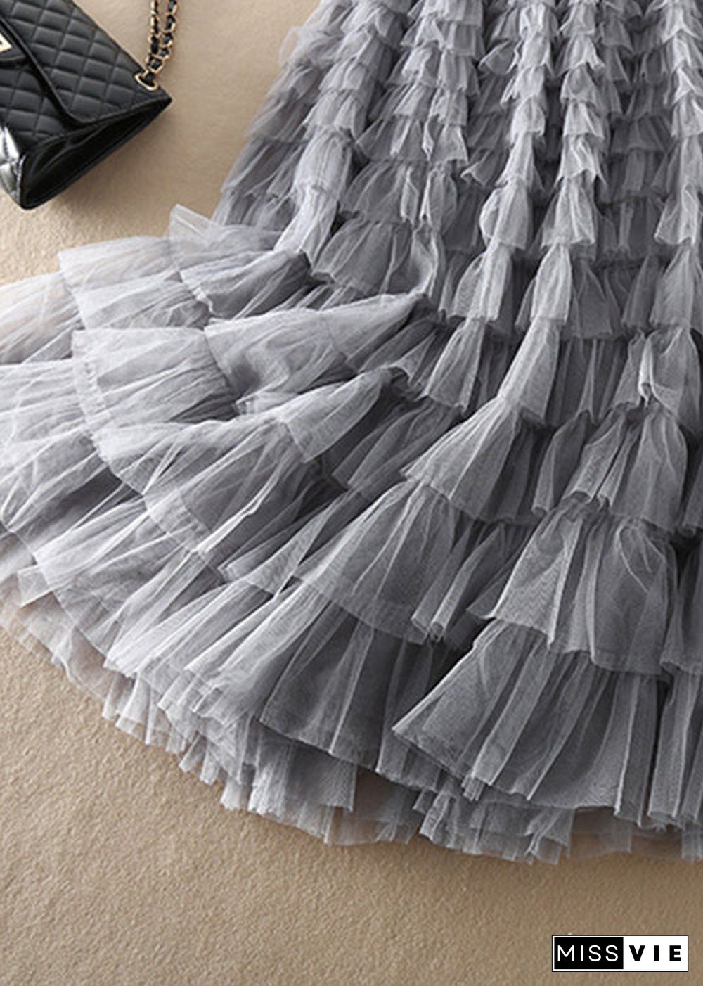 Loose Grey elastic waist Patchwork Tulle Skirt Spring