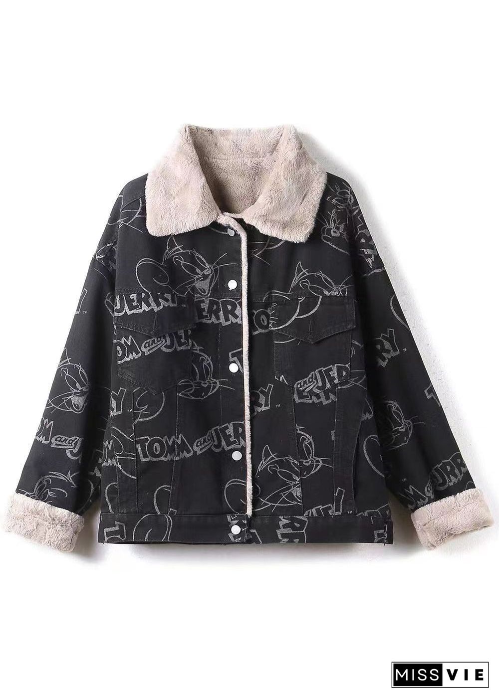 Plus Size Black Print Button Patchwork Warm Fleece Coat Winter