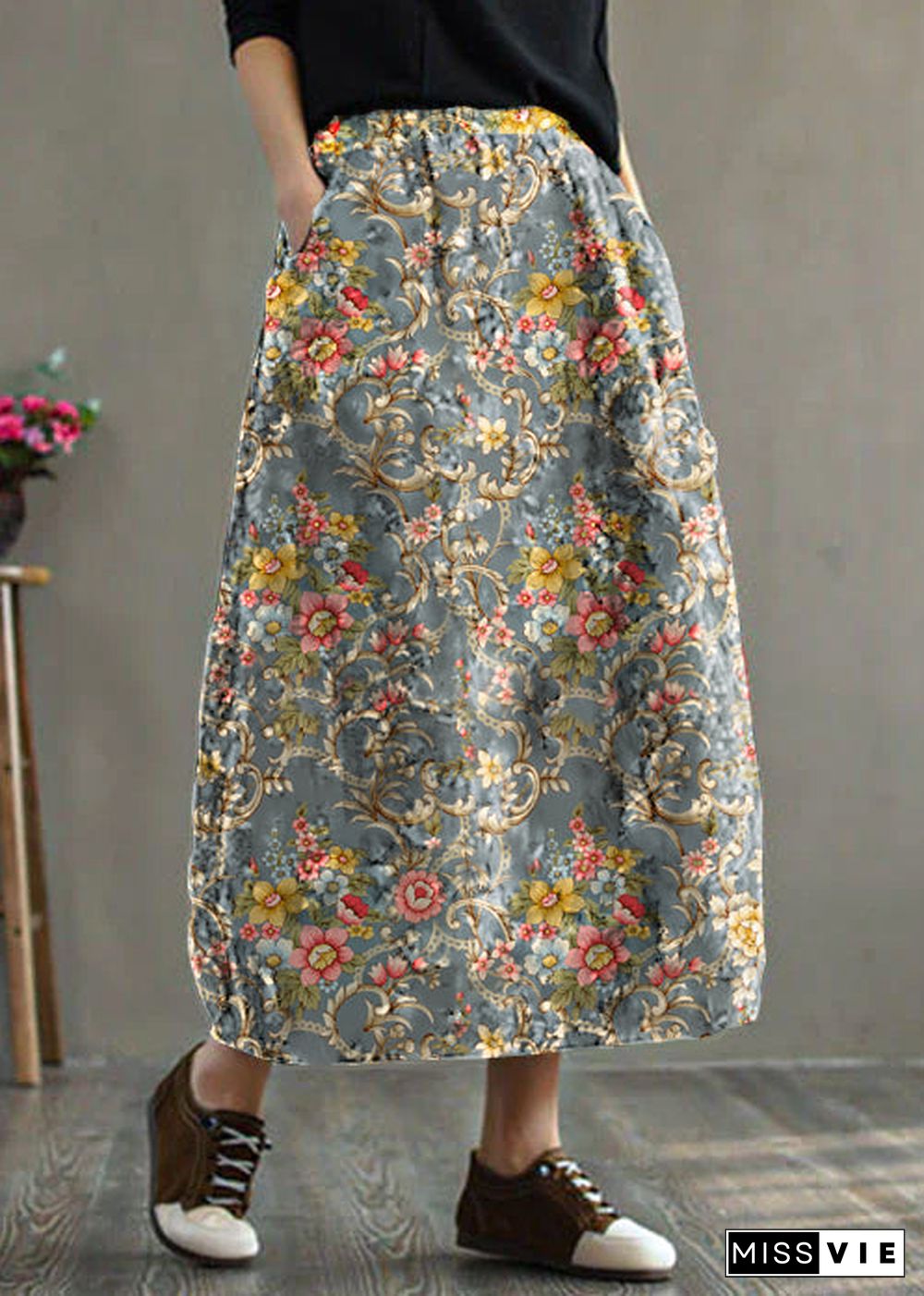 Women Black - texture Elastic Waist Patchwork Print Fine Cotton Filled Skirt Winter