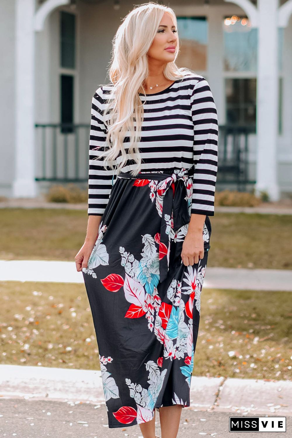 Striped Floral O-Neck Long Dress