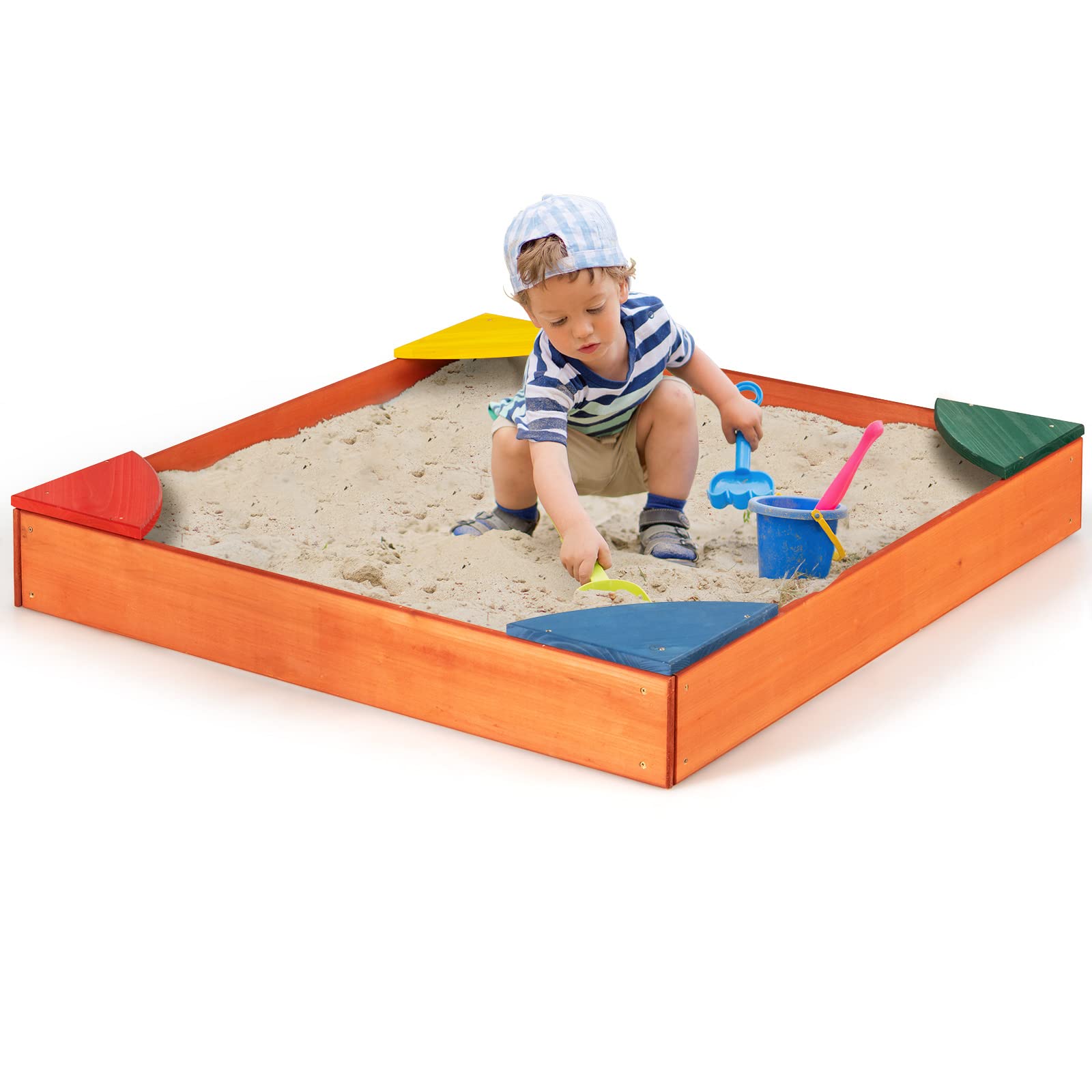 Costzon Kids Wooden Sandbox, Outdoor Sand Pit with Bottomless Structure & 4 Built-in Corner Seats