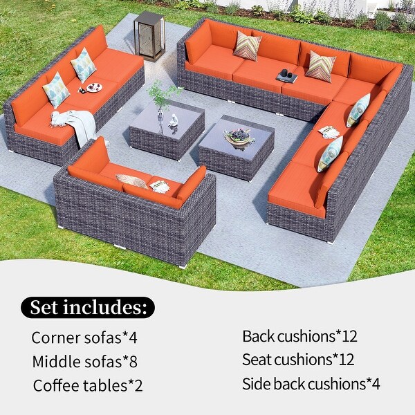 OVIOS 14piece Deep Seat Wicker Conversation Sectional Set with Glasstop Table