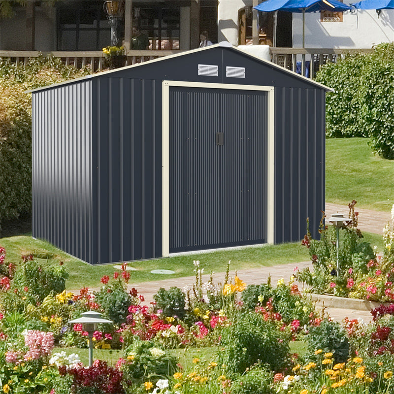 9 x 6 FT Outdoor Metal Storage Shed with 4 Air Vents & Sliding Double Lockable Doors, Backyard Tool Shed Garden Storage House