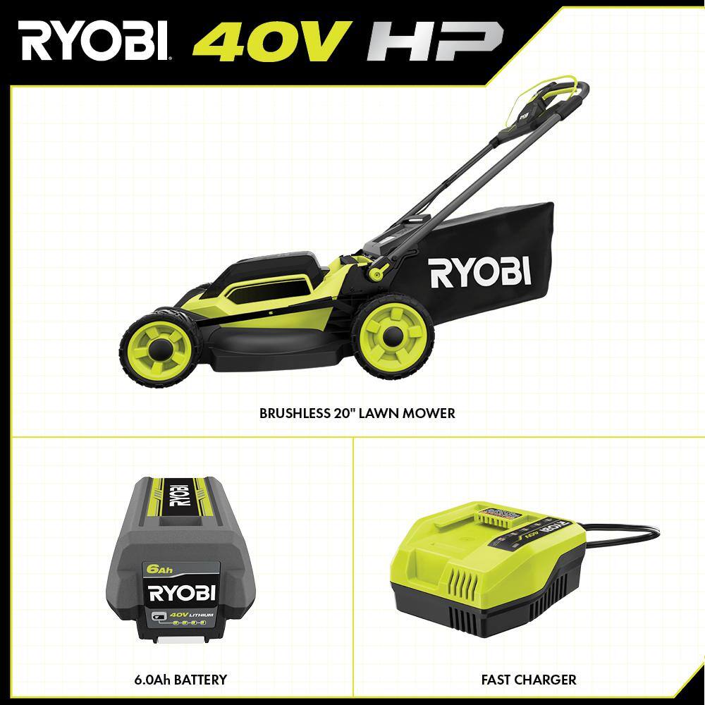 RYOBI 40V HP Brushless 20 in. Cordless Electric Battery Walk Behind Self-Propelled Mower with 6.0 Ah Battery and Charger RY401180