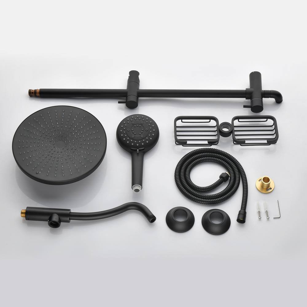 WELLFOR 5-Spray Patterns 10 in. Wall Mount Dual Shower Heads with Adjustable Slide Bar and Soap Dish in Matte Black WA-1033B-10MB