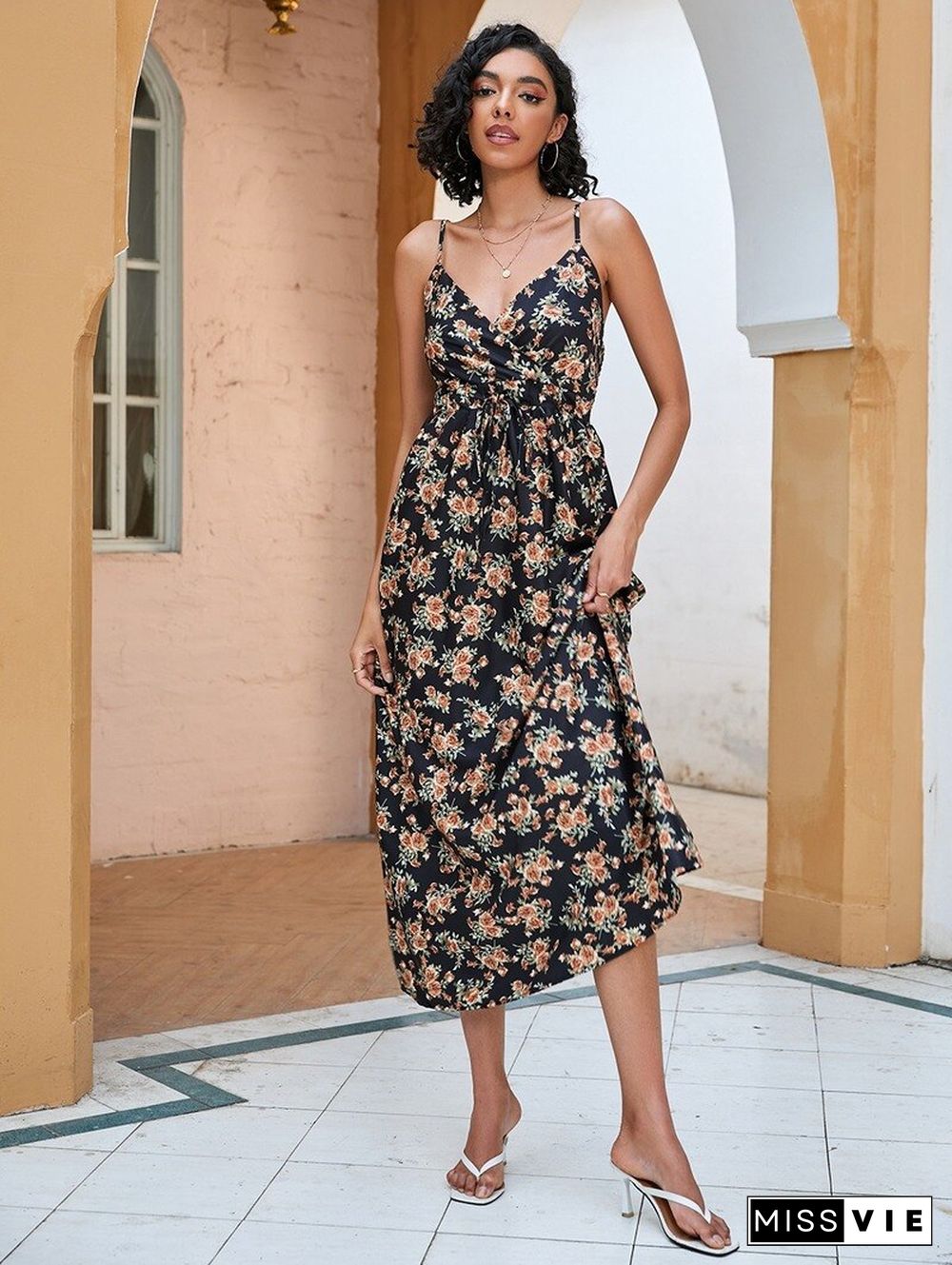 Elegant Floral Print Sexy Dress For Women Summer Dresses New Street V-Neck Backless Elasticated High Waist Midi Slip Dress