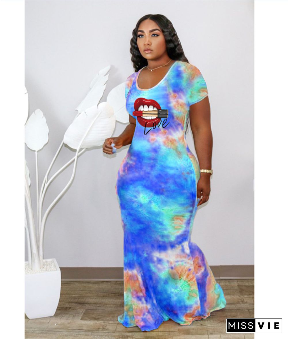 Tie Dye Lips Print Short Sleeve Cut Out Maxi Dresses