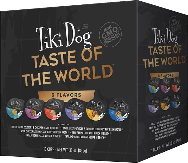 Tiki Dog Taste of the World Variety Pack Wet Dog Food， 3-oz cup， case of 10