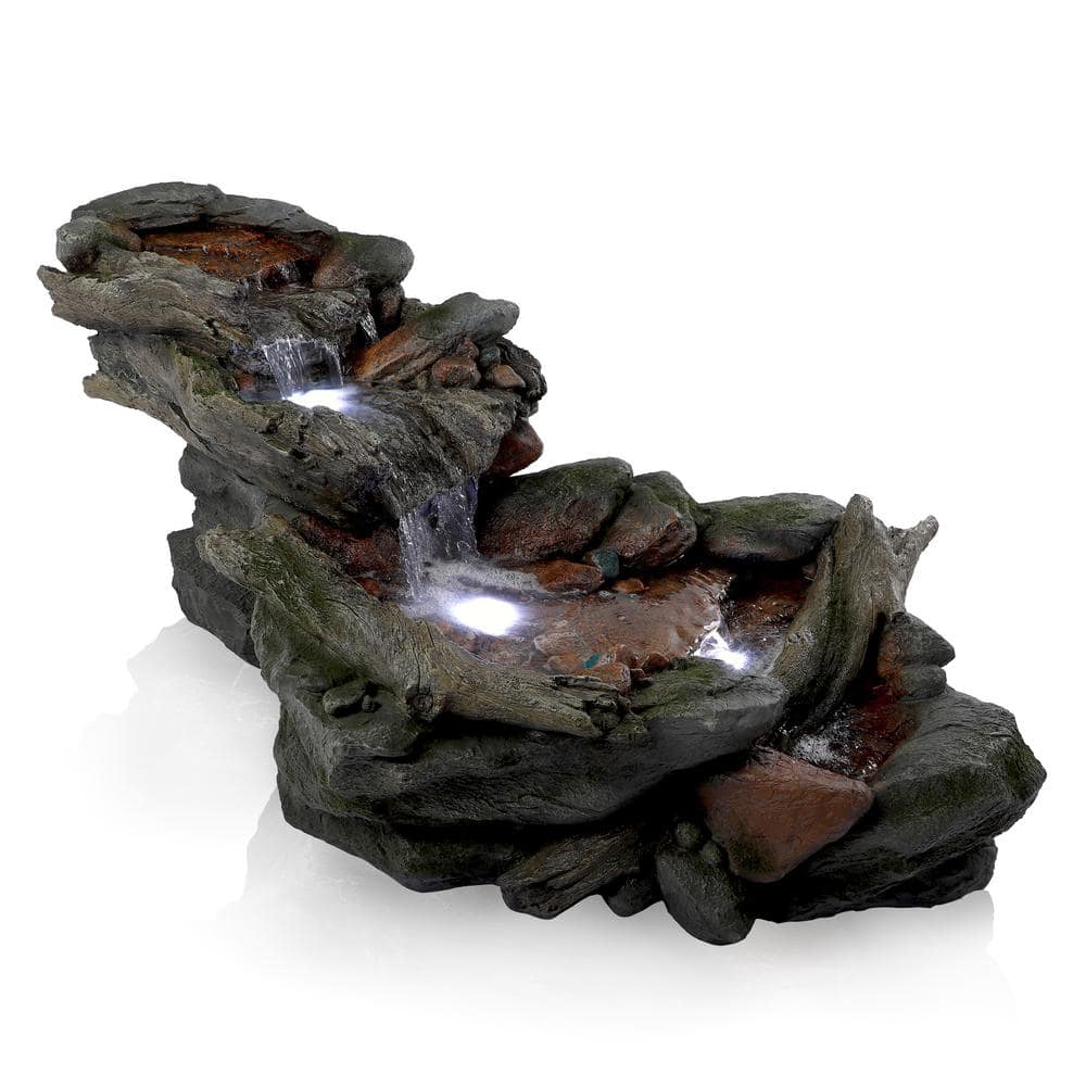 Alpine Corporation 60 in. Long Outdoor 3-Tier Rainforest Rock River Water Fountain with LED Lights WIN558