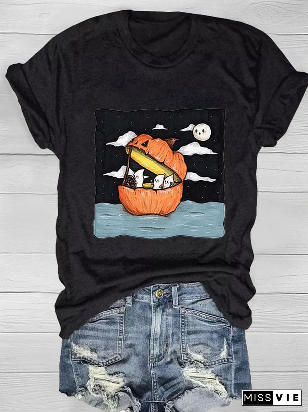 Ghost Pumpkin Boat Print T-Shirt