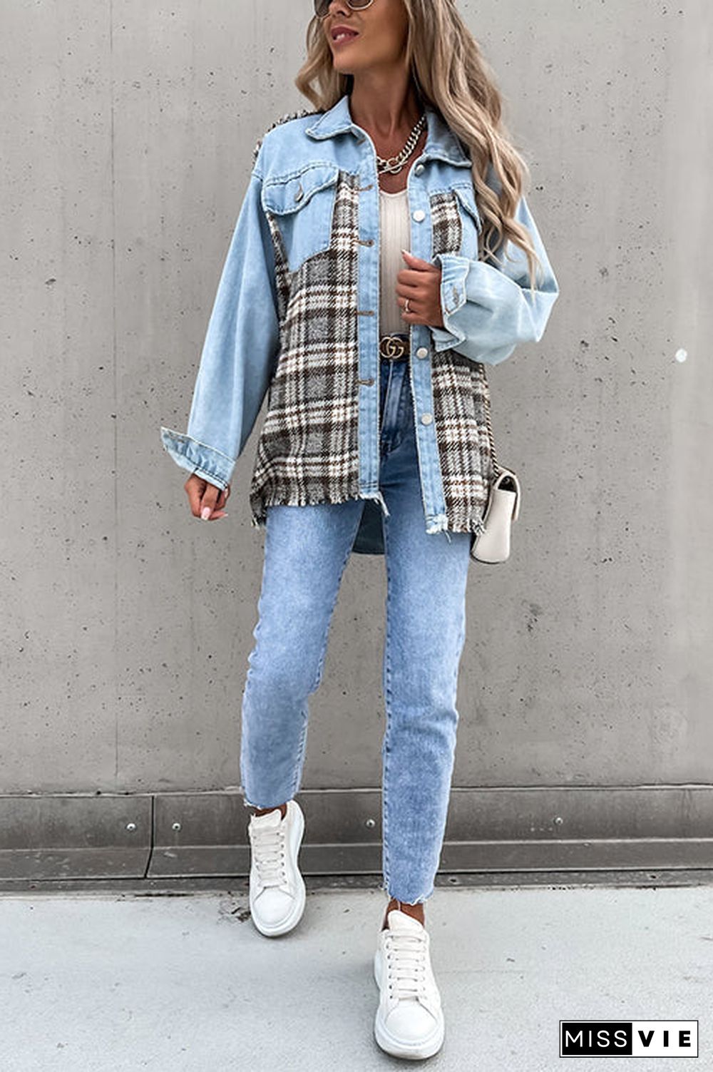 Checked Patchwork Pockets Denim Jacket