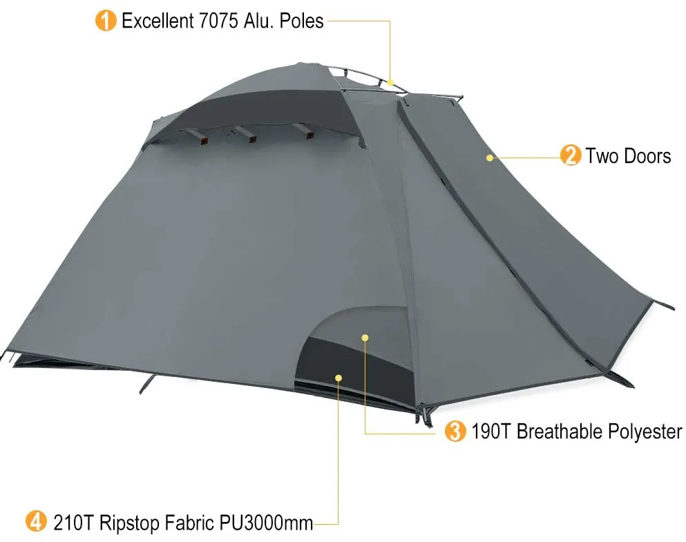 4 Person Lightweight Camping Tent with Two Doors Easy Setup Waterproof Tent for Outdoor Hiking Mountaineering