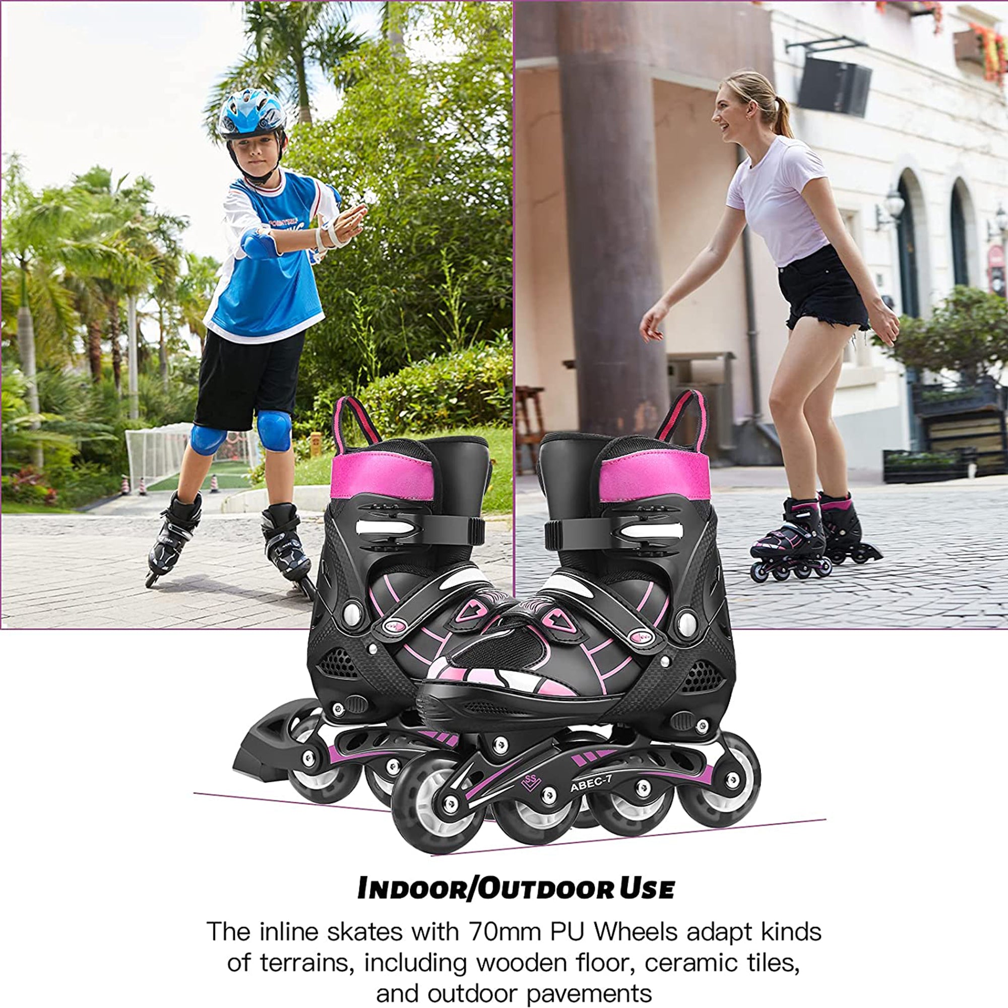 Adjustable Blades Inline Skates with Light up Wheels Beginner Artificial Leather Rollerblades Fun Illuminating Roller Skates for Kids Boys and Girls