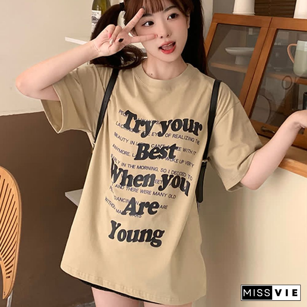 Chic Letter Print Round Collar Oversized T-Shirt