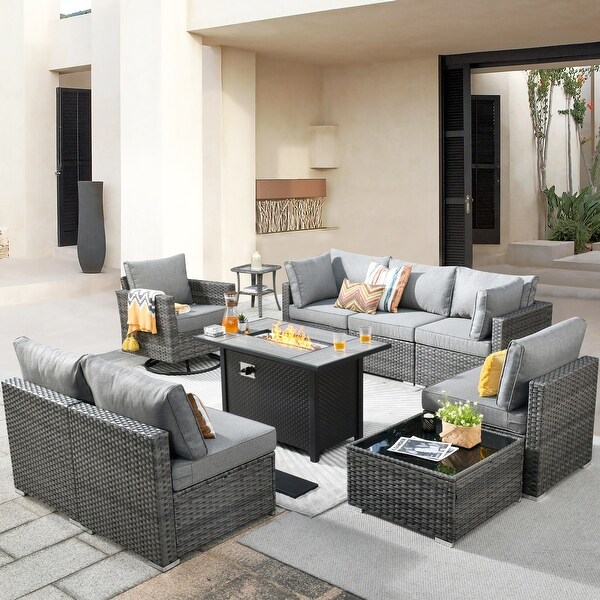 HOOOWOOO 10piece Patio Wicker Furniture Sectional Sofa Set Swivel Rocker with Fire Pit Table