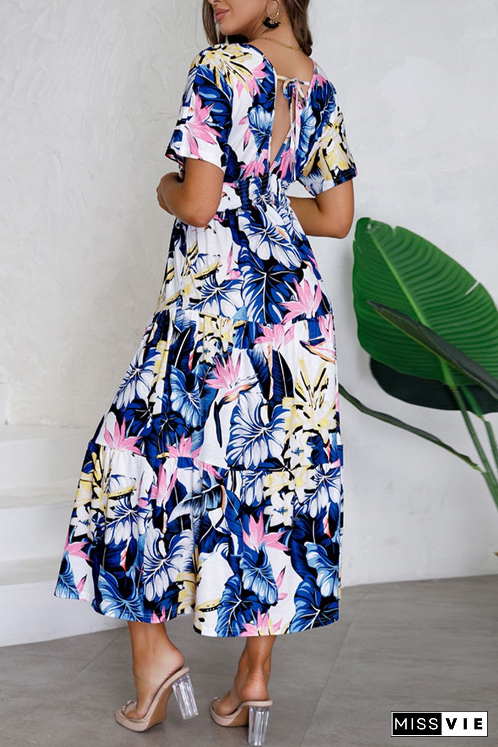 V Neck Short Sleeves Floral Print Dress