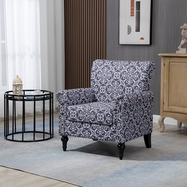 Floral Pattern Mid-Century Modern Accent Chair， Linen Armchair