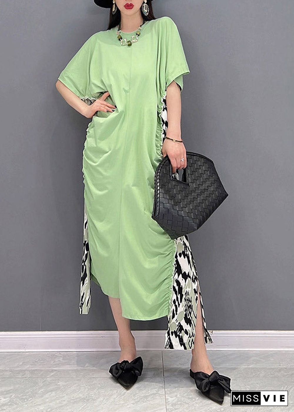 Slim Fit Green O-Neck Asymmetrical Patchwork Wrinkled Chiffon Dress Short Sleeve