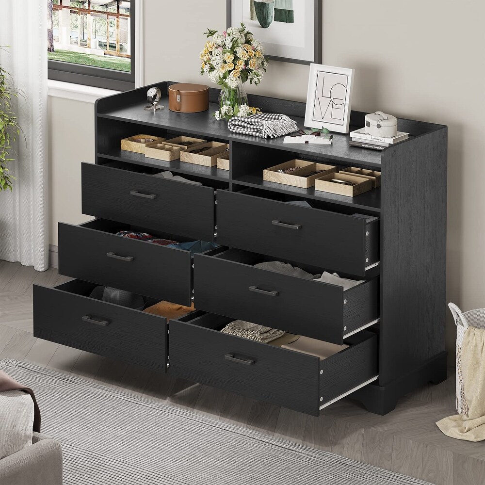 6 Drawers Dresser  Modern Storage Tower Dressers   Chests of Drawers and Open Cubby  Large Clothing Organizer