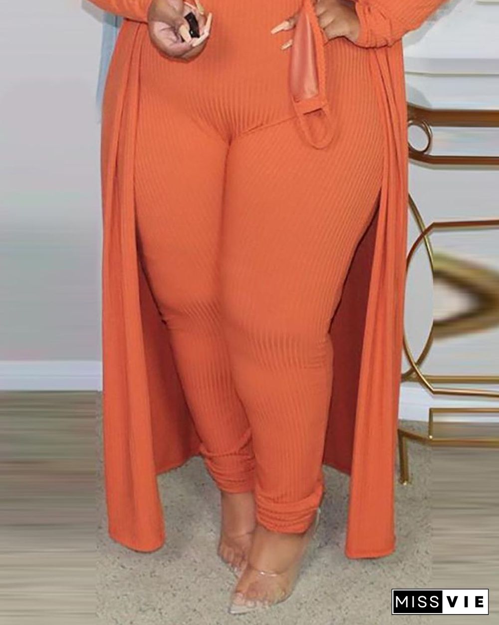 Plus Size Ribbed Plain Crop Top & Pants Set With Coat & Mask