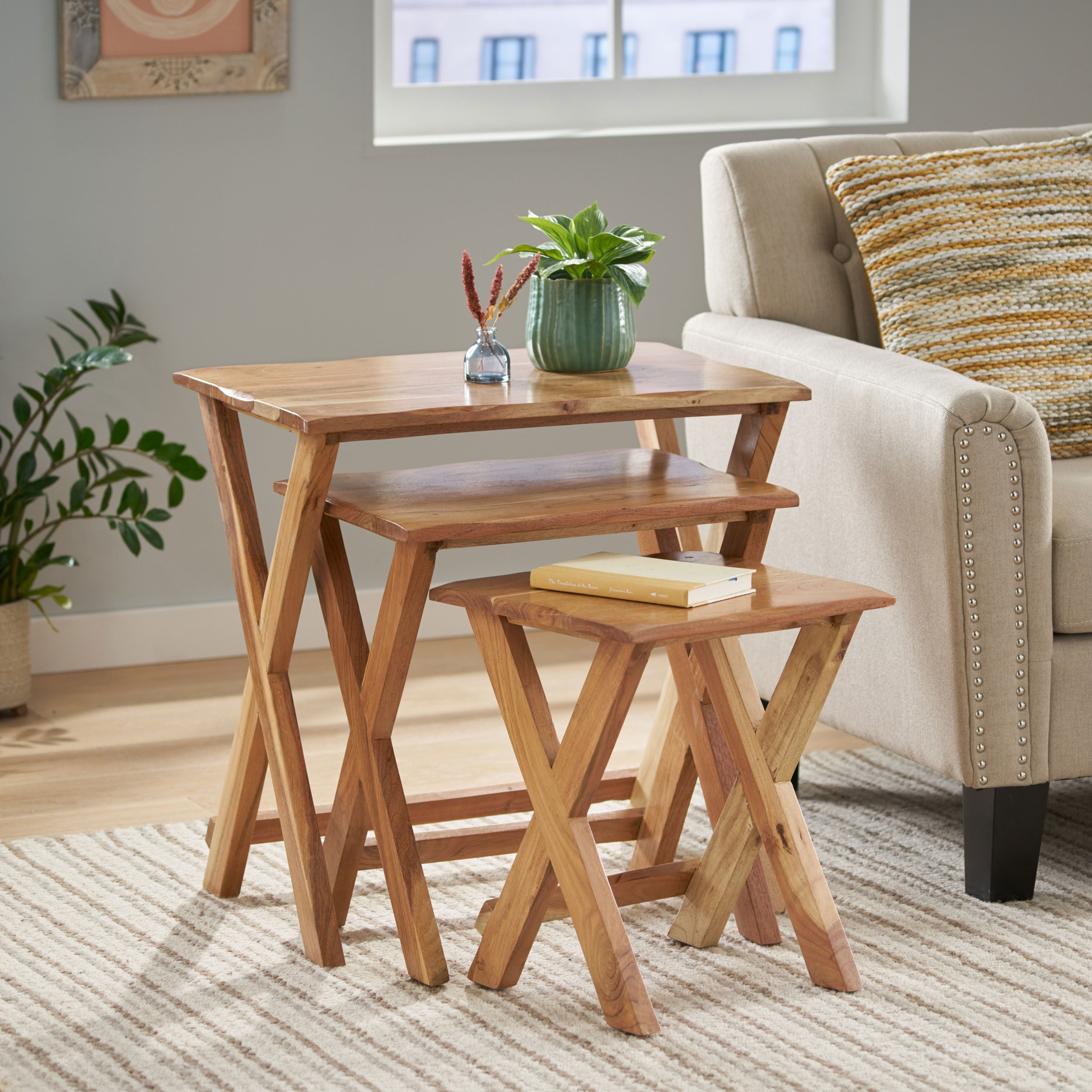 Henri Rustic Handcrafted Acacia Wood Nested Side Tables (Set of 3), Natural