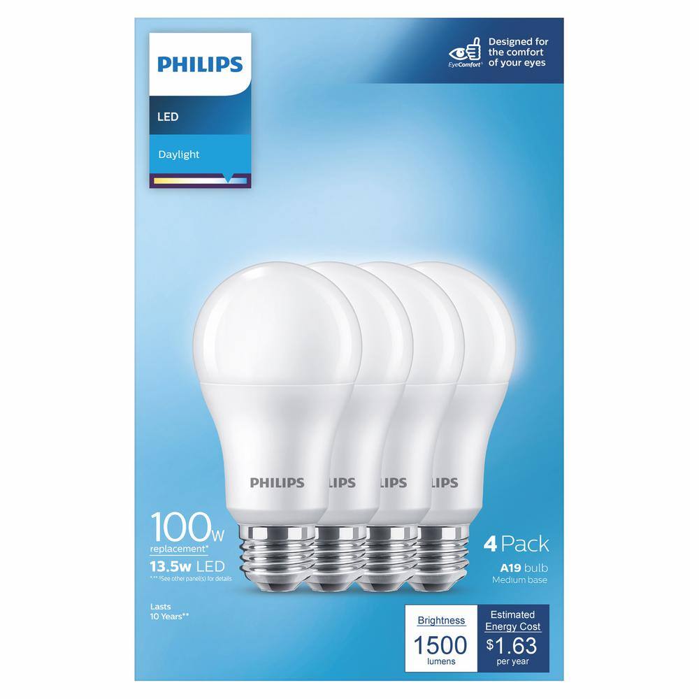 Philips 100-Watt Equivalent A19 Non-Dimmable E26 LED Light Bulb Daylight 5000K (4-Pack) 565416