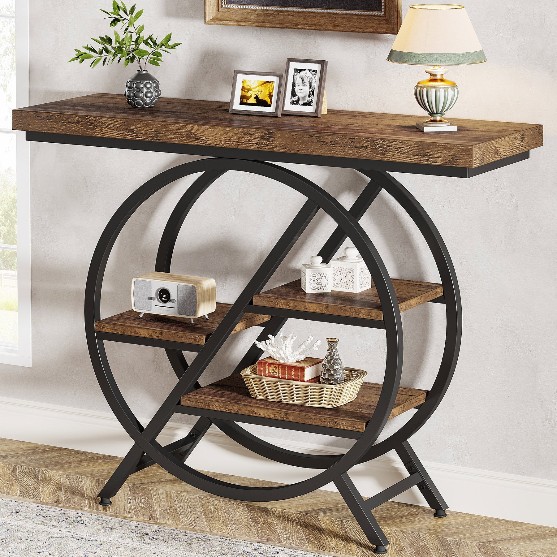 4-Tier Console Table, 39.4 Entryway Table with Geometric Metal Frame