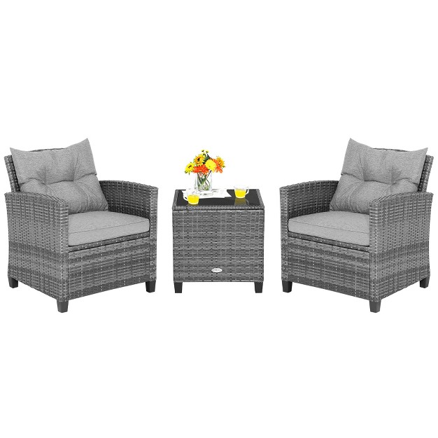 Costway 3pcs Patio Rattan Furniture Bistro Set Cushioned Sofas Side Table Armrest Grey