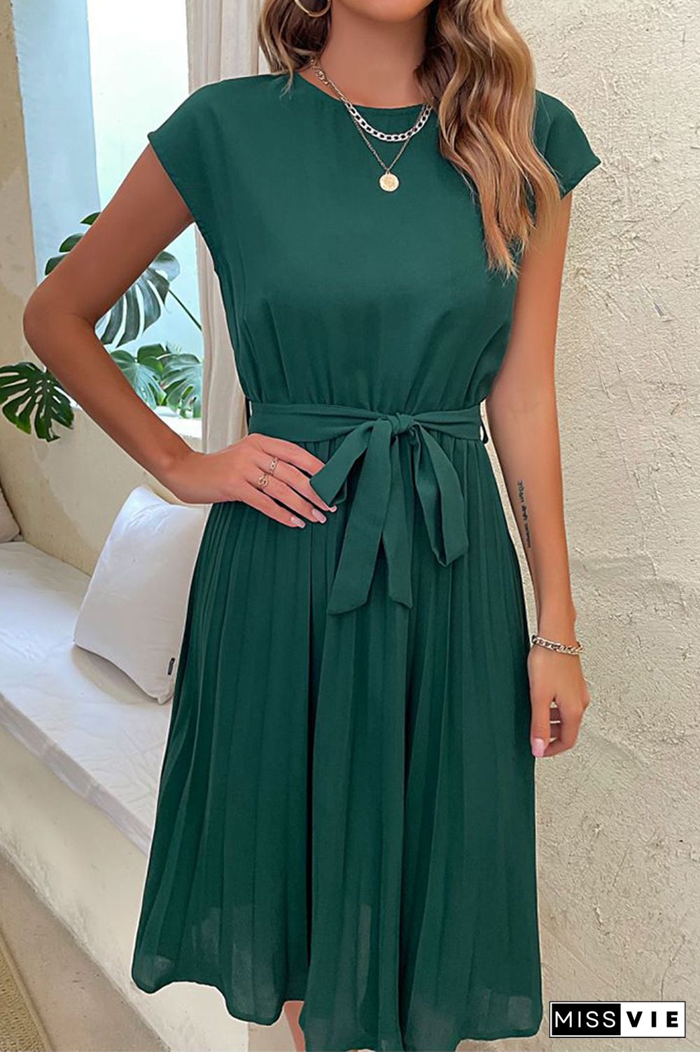 Plain Pleated with Belt Short Sleeves Midi Dress