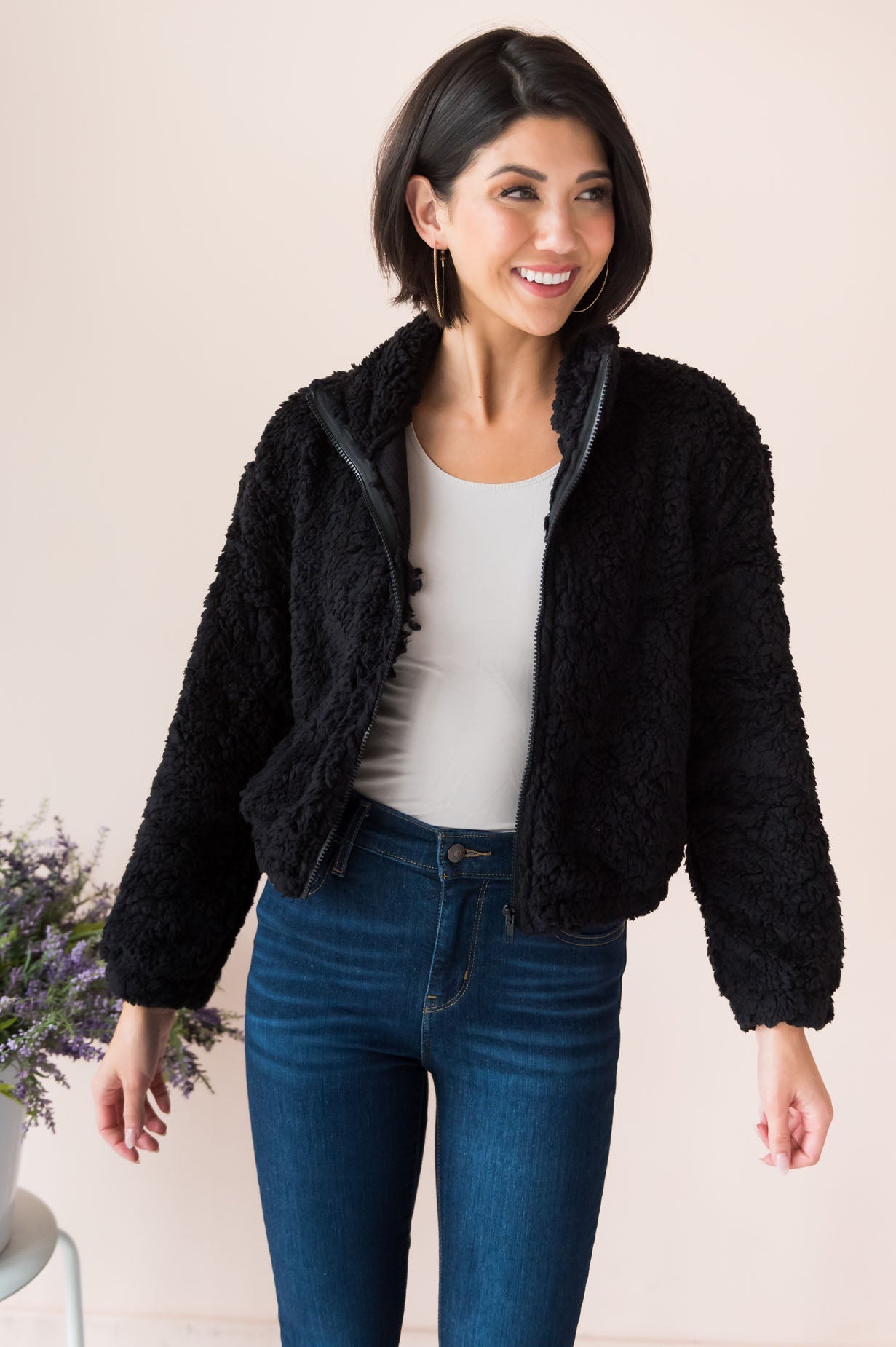 Let's Get Cozy Modest Fuzzy Zip Up Jacket