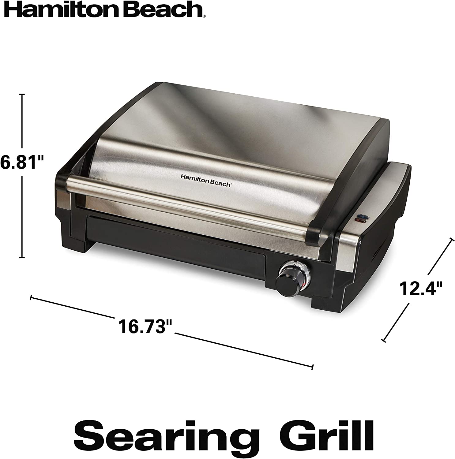 Hamilton Beach Electric Indoor Searing Grill Removable Easy - 12.5-in L x 9.6-in W Non-Stick Contact Grill， 6-Serving， Extra-Large Drip Tray， Stainless Steel (25360)