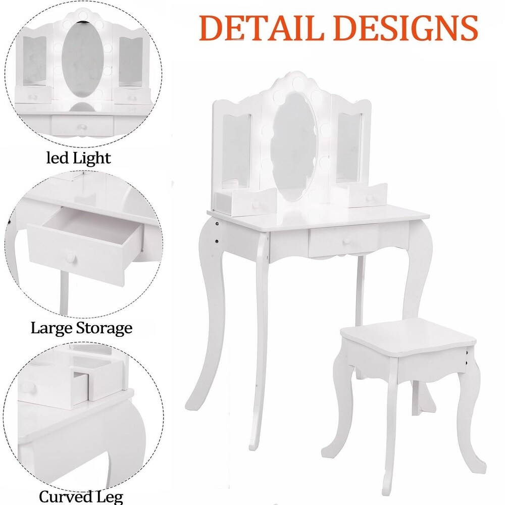 Girls Vanity Table with Tri Folding Mirror  Light Stool   Drawer