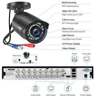 ZOSI 16-Channel 5MP-Lite 2TB DVR Security Camera System with 4-Wired 1080P Outdoor Surveillance Cameras 16FK-261B4S-20-US