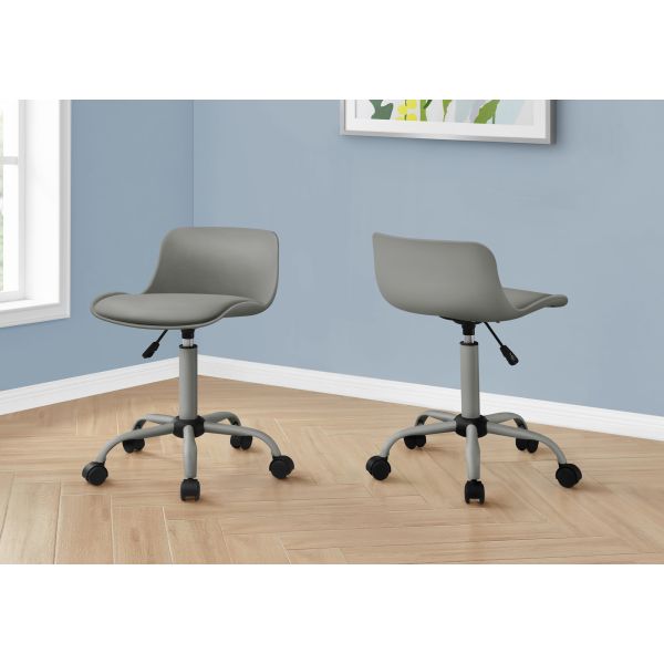 Office Chair， Adjustable Height， Swivel， Ergonomic， Computer Desk， Work， Juvenile， Grey Leather Look， Grey Metal， Contemporary， Modern