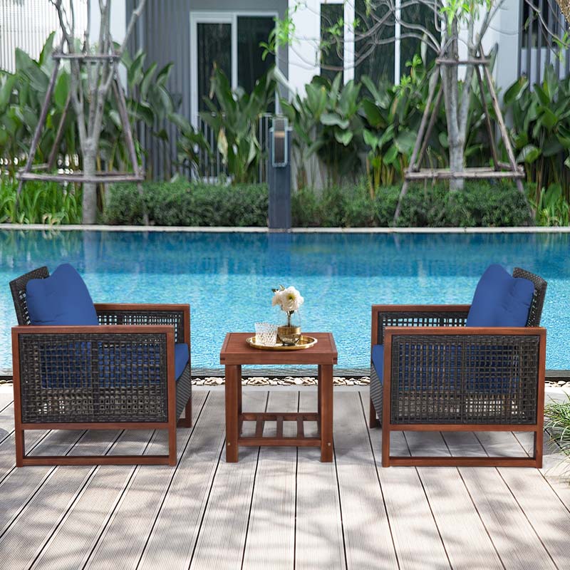 3 Pcs Rattan Patio Furniture Sofa Set Outdoor Conversation Bistro Set with Acacia Wooden Frame & Cushions