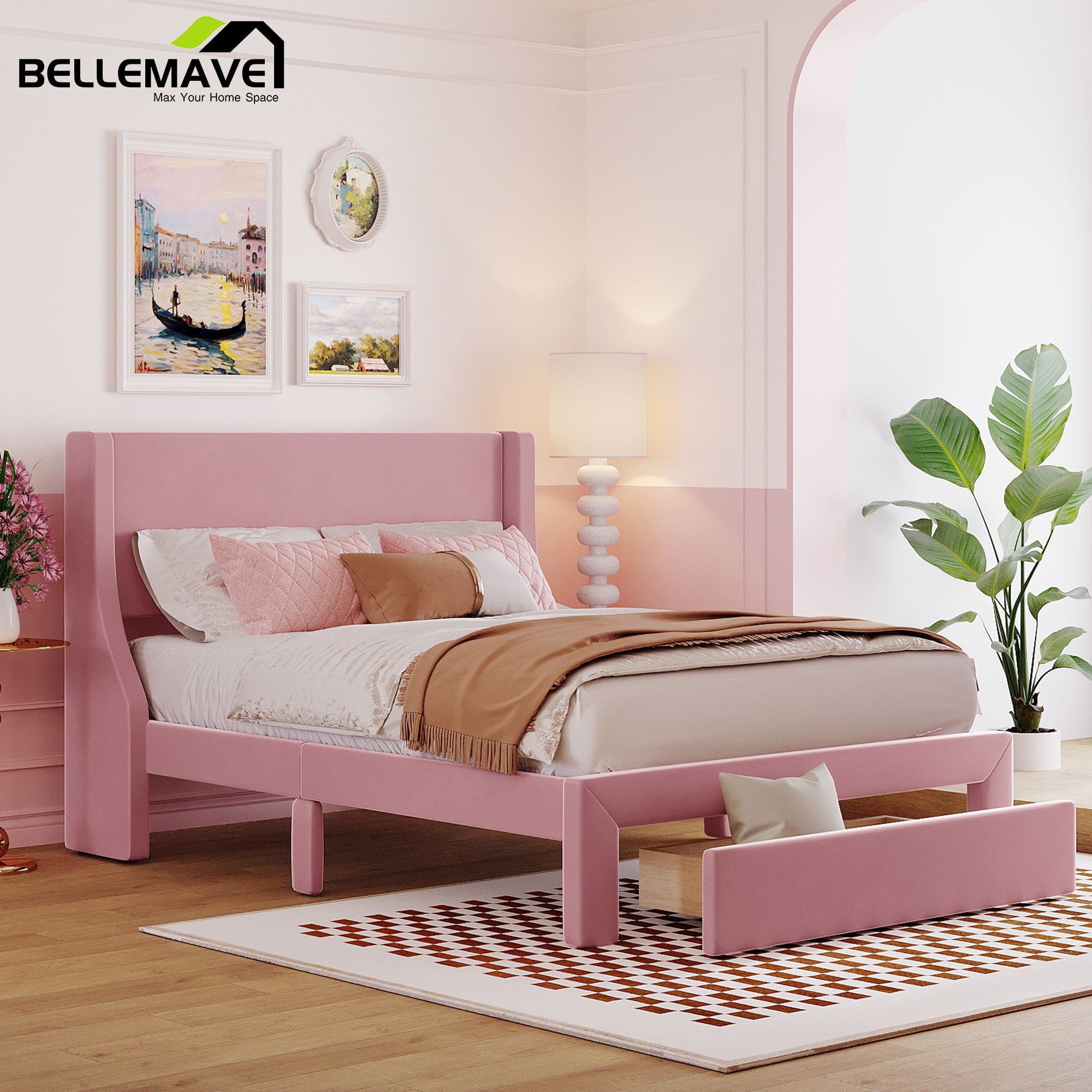 Bellemave Full Size Pink Velvet Upholstered Platform Bed with One Spacious Drawer and Wood Slats, Wood Frame Full Size Paltform Bed for Kids Teen Adults