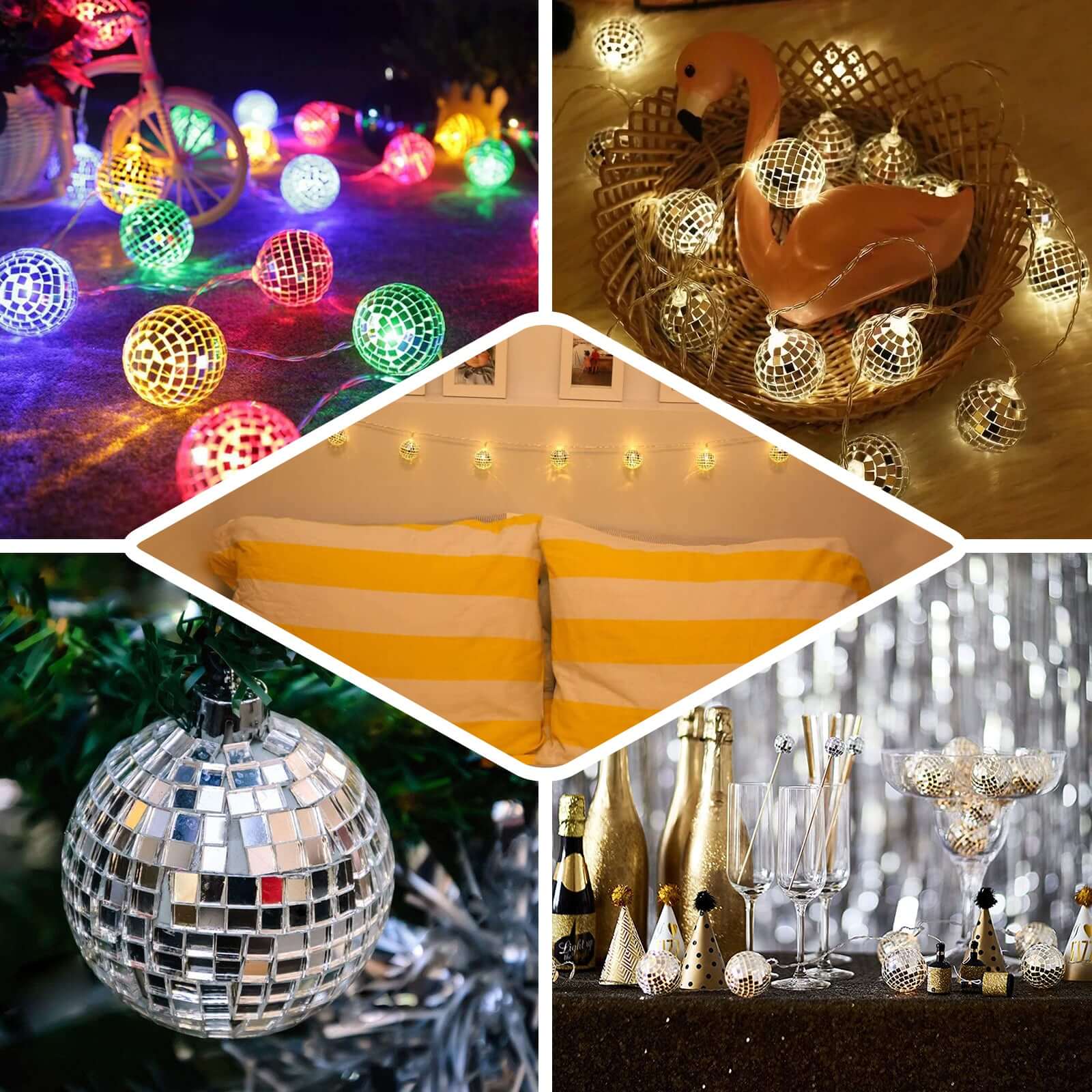 Silver Disco Mirror Ball Battery Operated 10 LED String Light Garland, Cool White 6ft