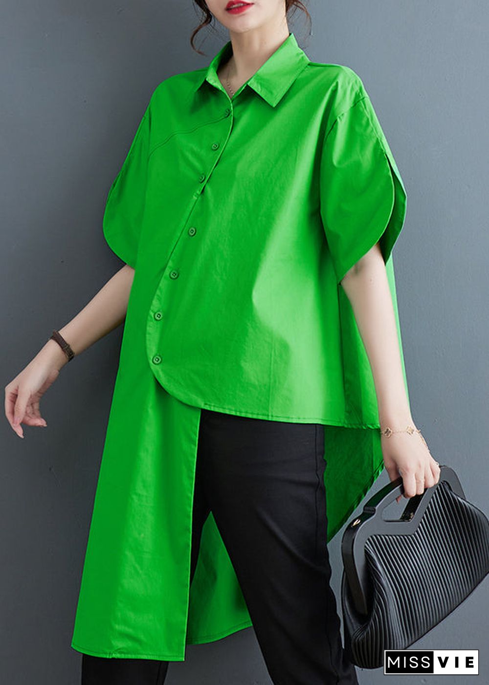 Unique Green Asymmetrical Low High Design Cotton Shirt Tops Summer