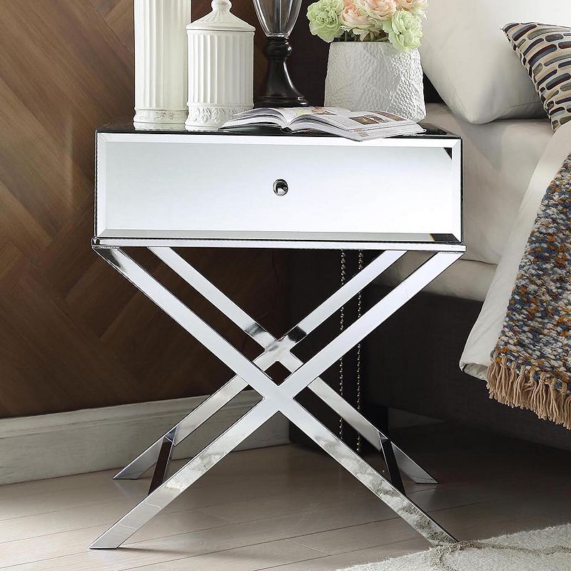 HomeVance Eleos Mirrored Silver Tone Campaign Accent Table