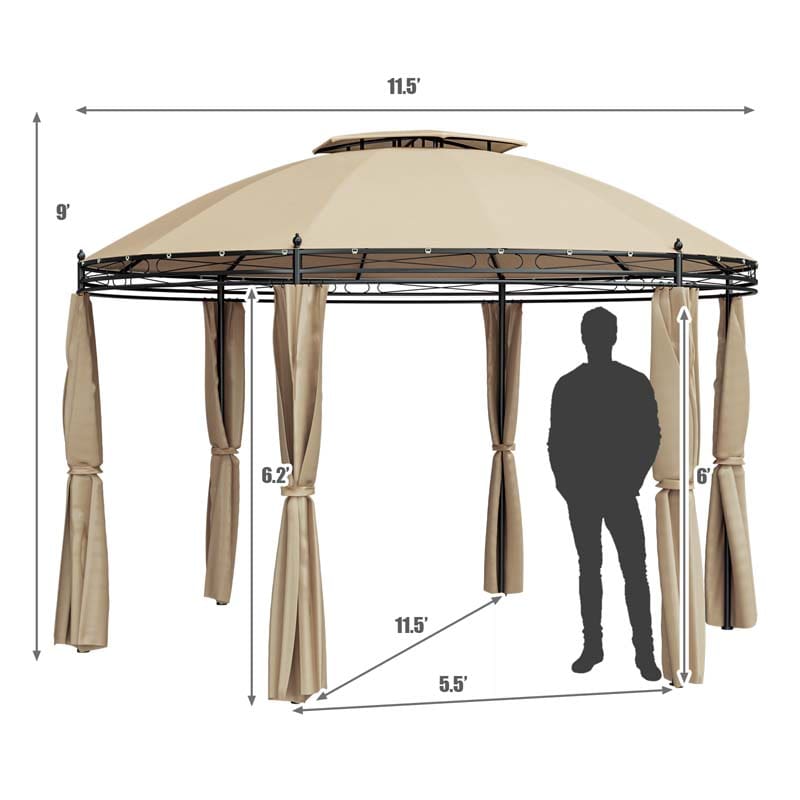 11.5 x 11.5 FT 2-Tier Steel Dome Round Gazebo Outdoor Patio Canopy Tent with Removable Curtains