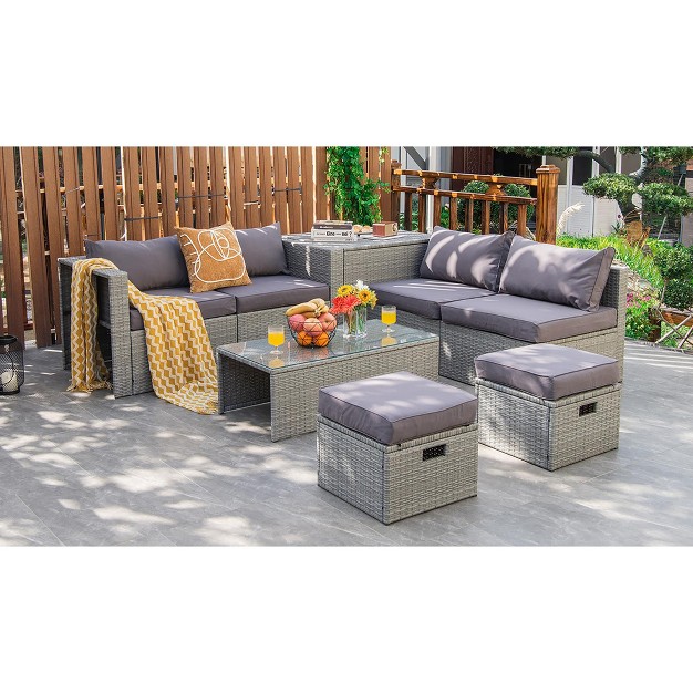 Costway 8pcs Patio Rattan Furniture Set Storage Waterproof Cover Cushion