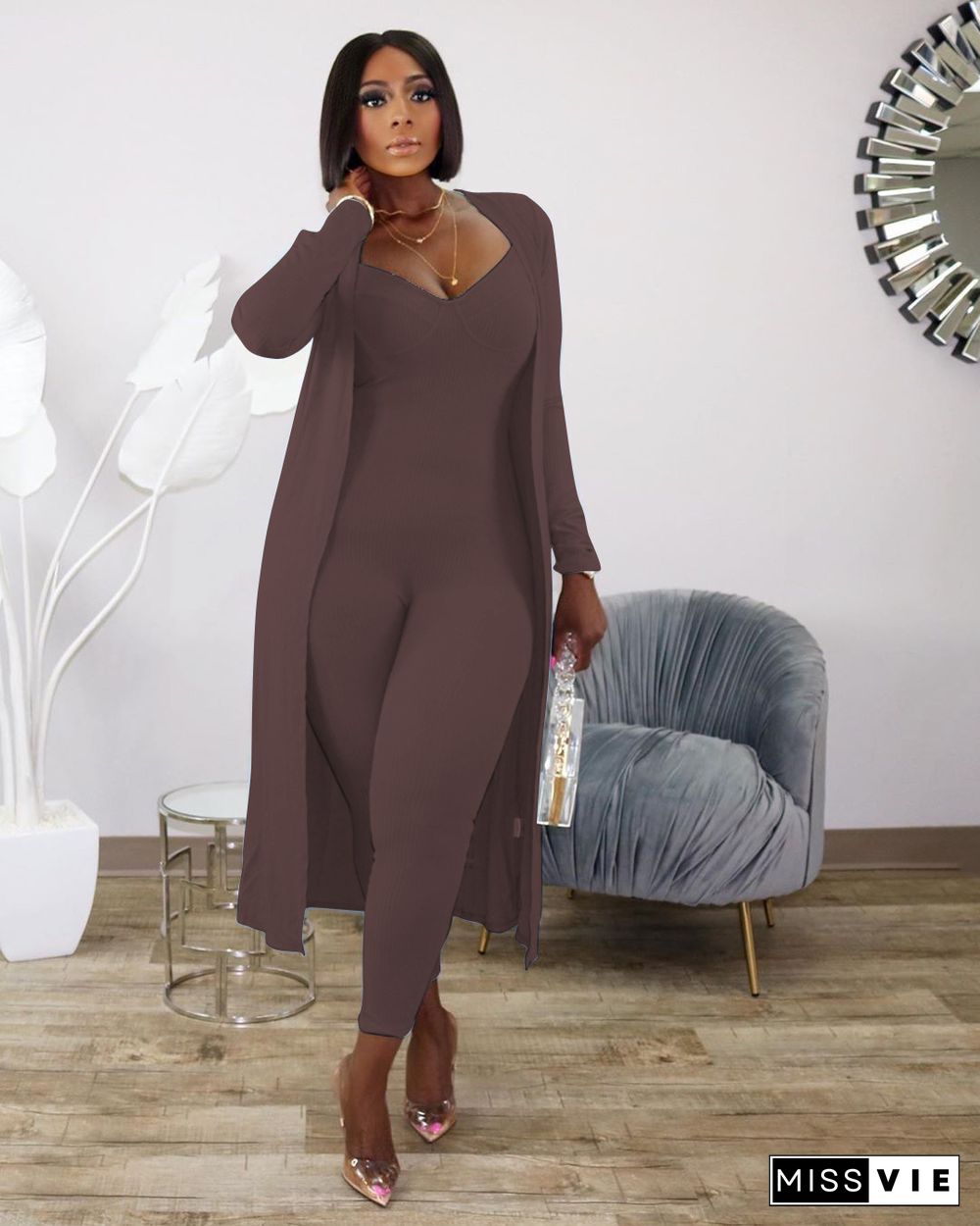 Women's Long Rib Coat+Slim Jumpsuit Two-piece Set