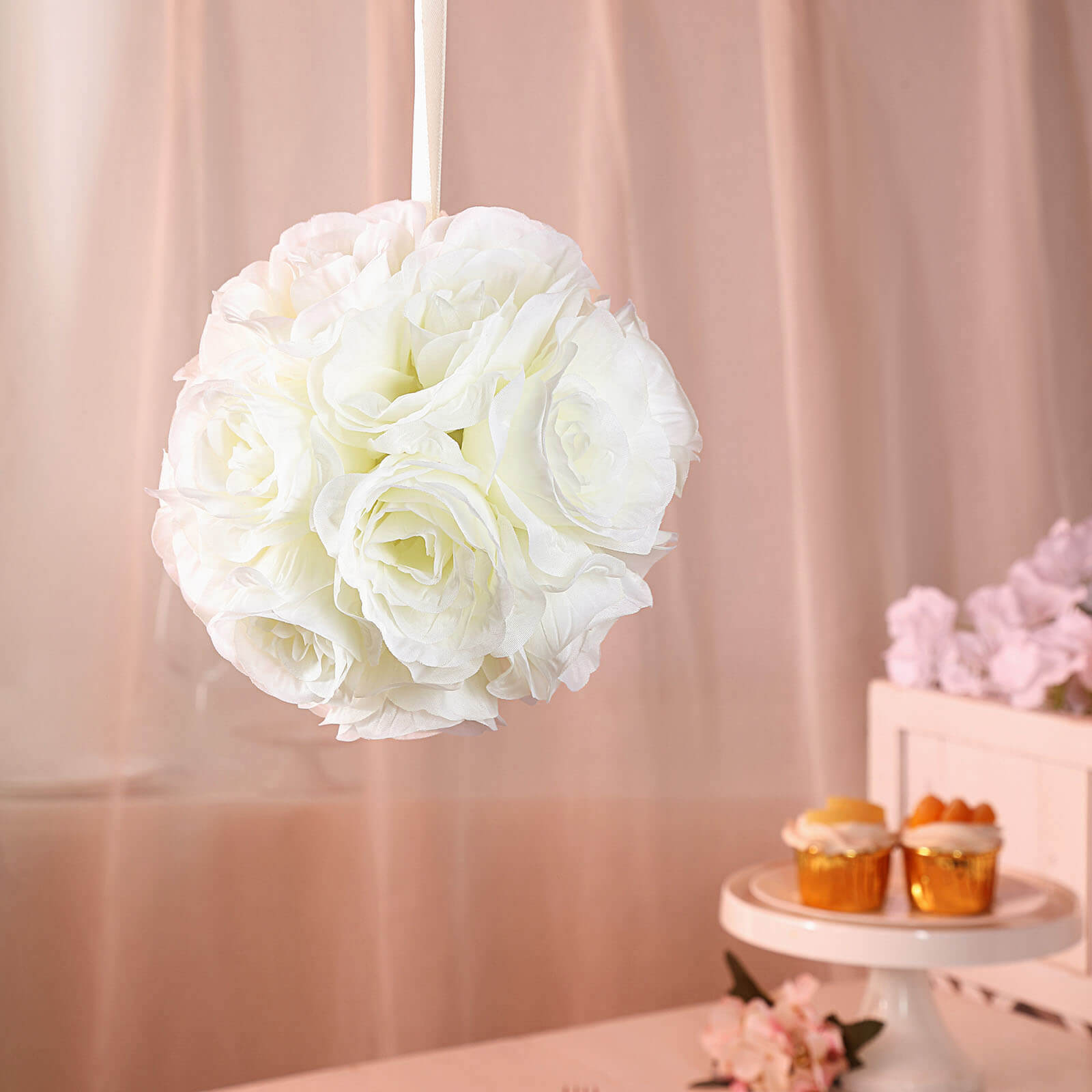 2 Pack Cream Artificial Silk Rose Kissing Ball, Faux Flower Ball 7