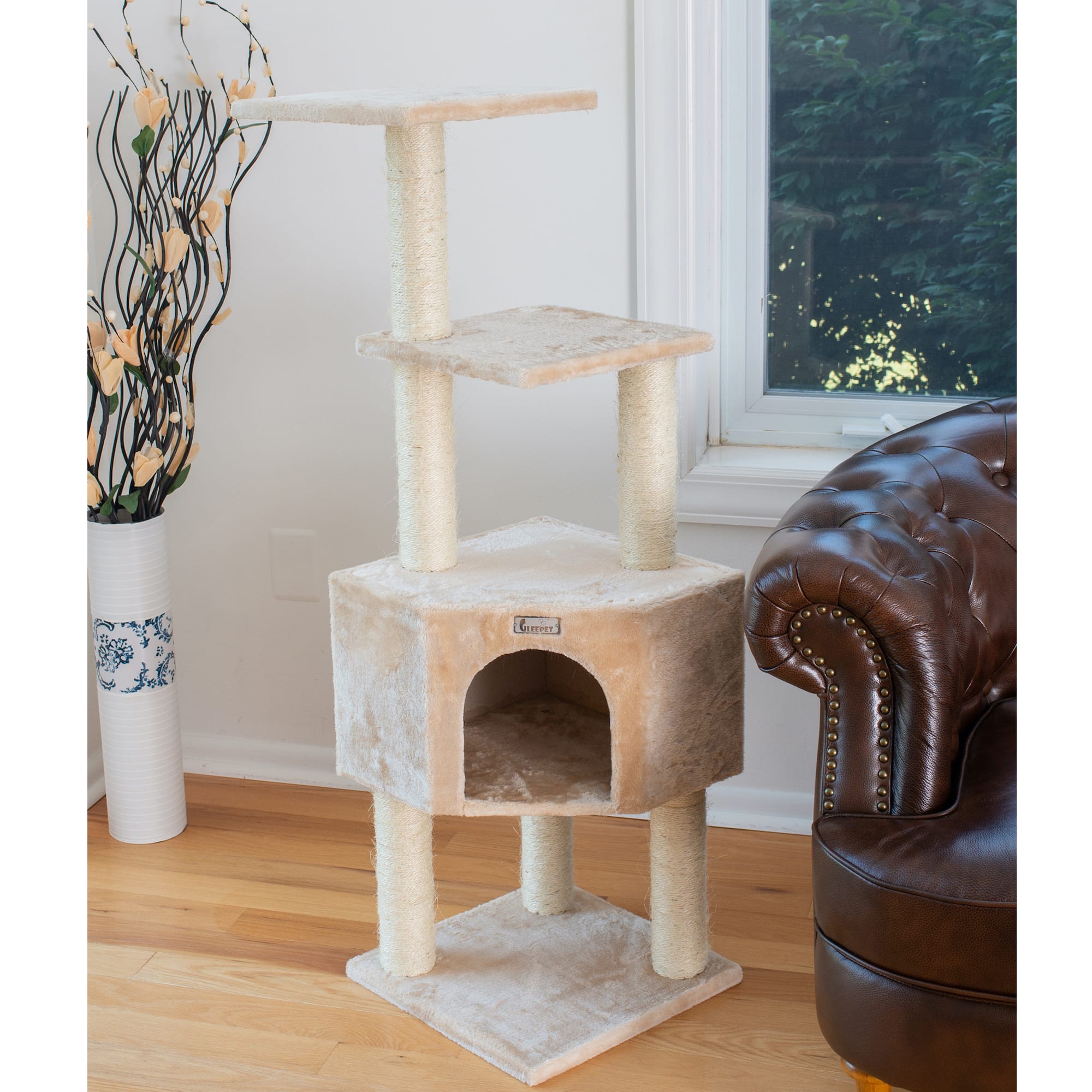 GLEEPET Beige GP78480321 Real Wood Cat Tree with Perch And Playhouse， 48