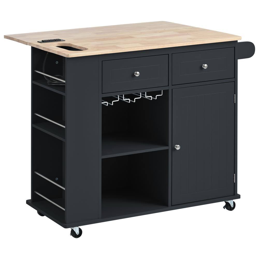 Black Rubber Wood 39.8 in. Kitchen Island with Adjustable Storage and Side Shelving SKC304642