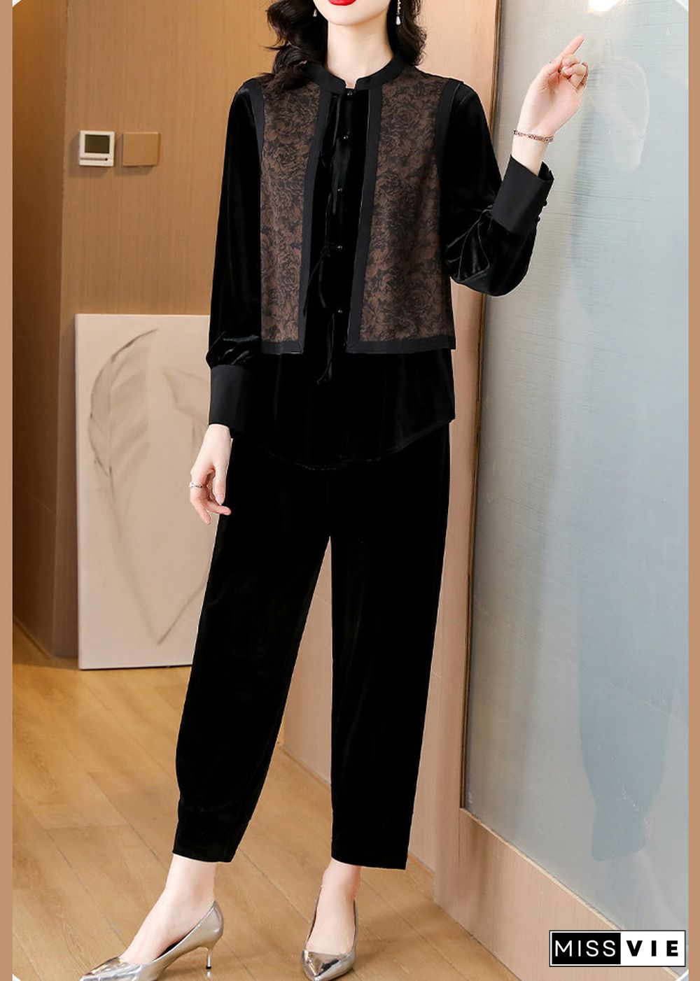 Black O-Neck Print Silk Velour Shirts And Harem Pants Two Pieces Set Fall