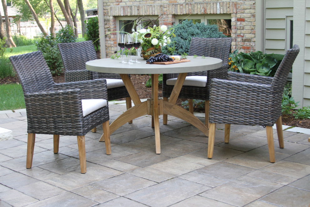 5 Piece Nautical Teak  Slate Brown Wicker and Composite Dining Set  Sunbrella   Tropical   Outdoor Dining Sets   by Outdoor Interiors  Houzz