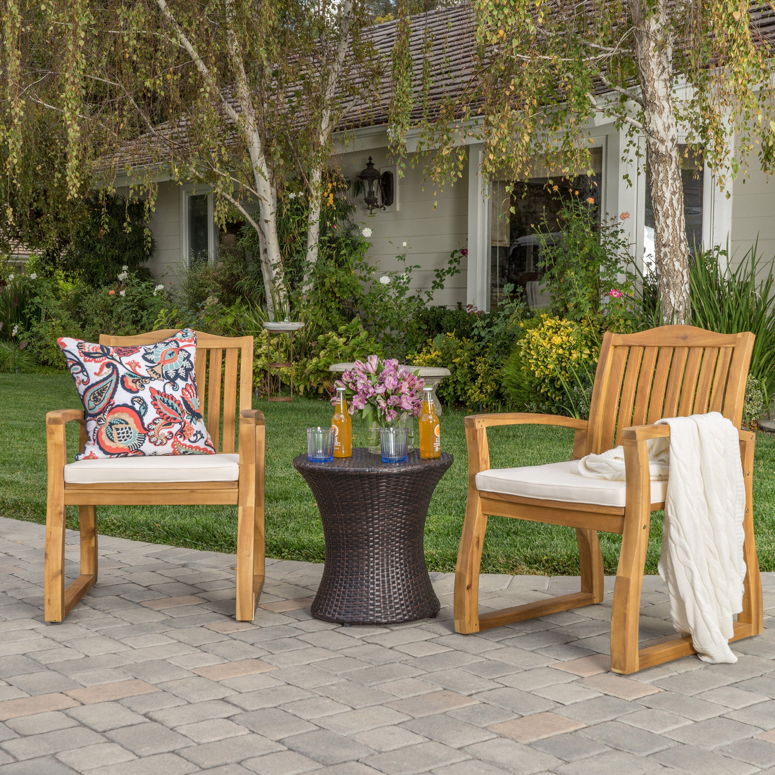 Malibu Outdoor Acacia Wood 3 Piece Chat Set with Wicker Table